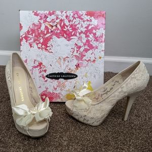 Ivory lace wedding heels with stickers